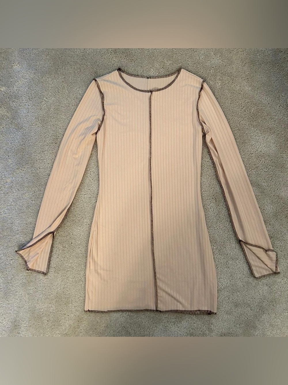 SHEIN Beige Ribbed Long Sleeve Contrast Seam Dress